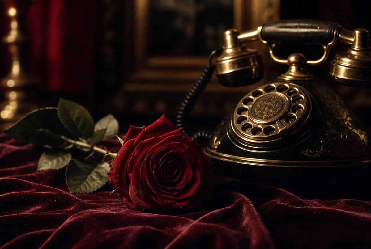 Rote Rose und Telefon auf dunklem Samt, dramatisches Licht