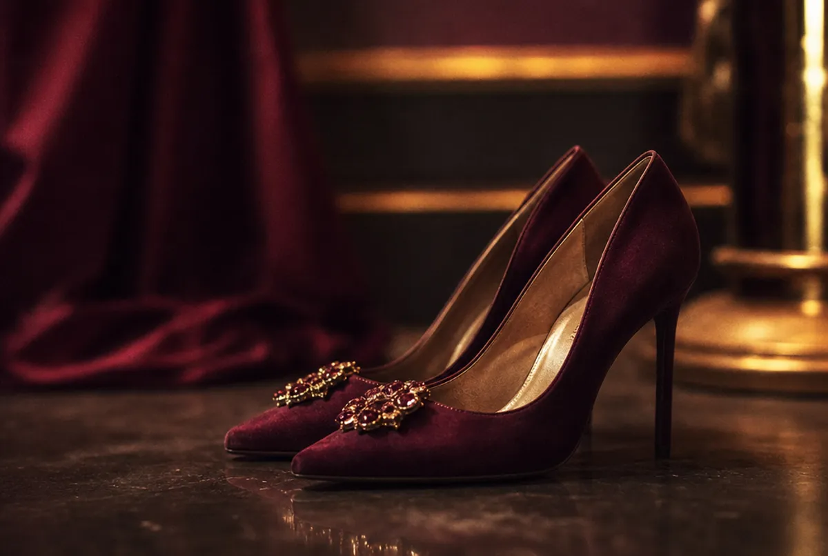Klassische High Heels im Bordeaux-Gold-Licht
