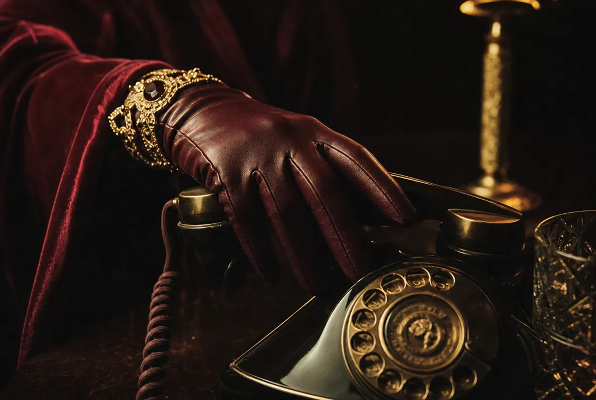 Behandschuhte Hand mit Telefonhörer im Bordeaux-Licht